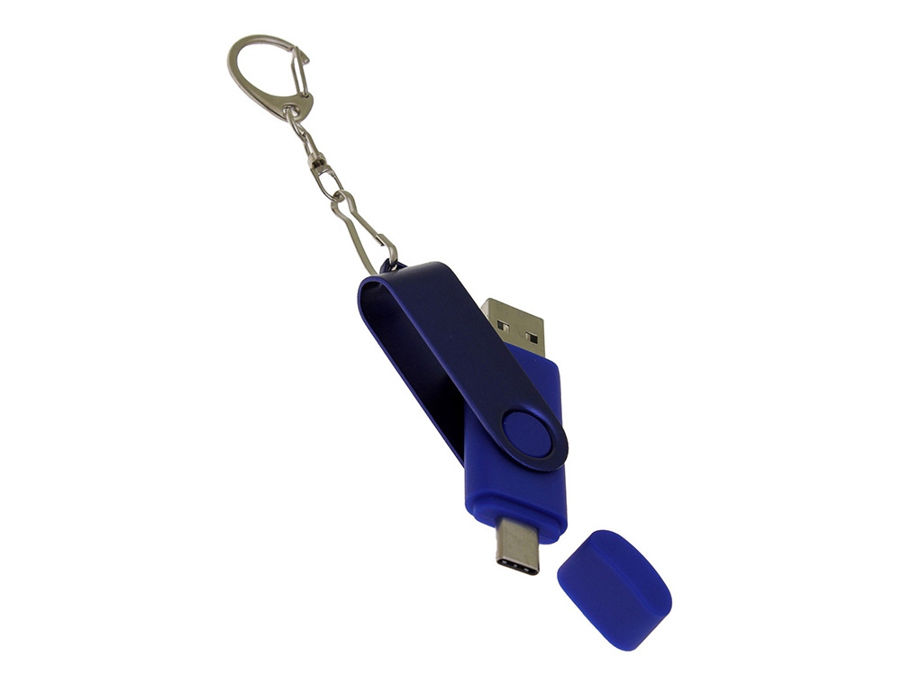 USB-флешка на 64 Гб 2 в 1 поворотный механизм, c дополнительным разъемом Type-C с одноцветным металлическим клипом, синий-3