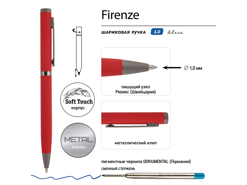 Ручка Firenze шариковая автоматическая софт-тач, красная-2