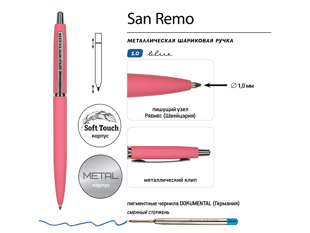 Ручка металлическая шариковая San Remo, софт-тач, 1.0 мм, коралловый-2