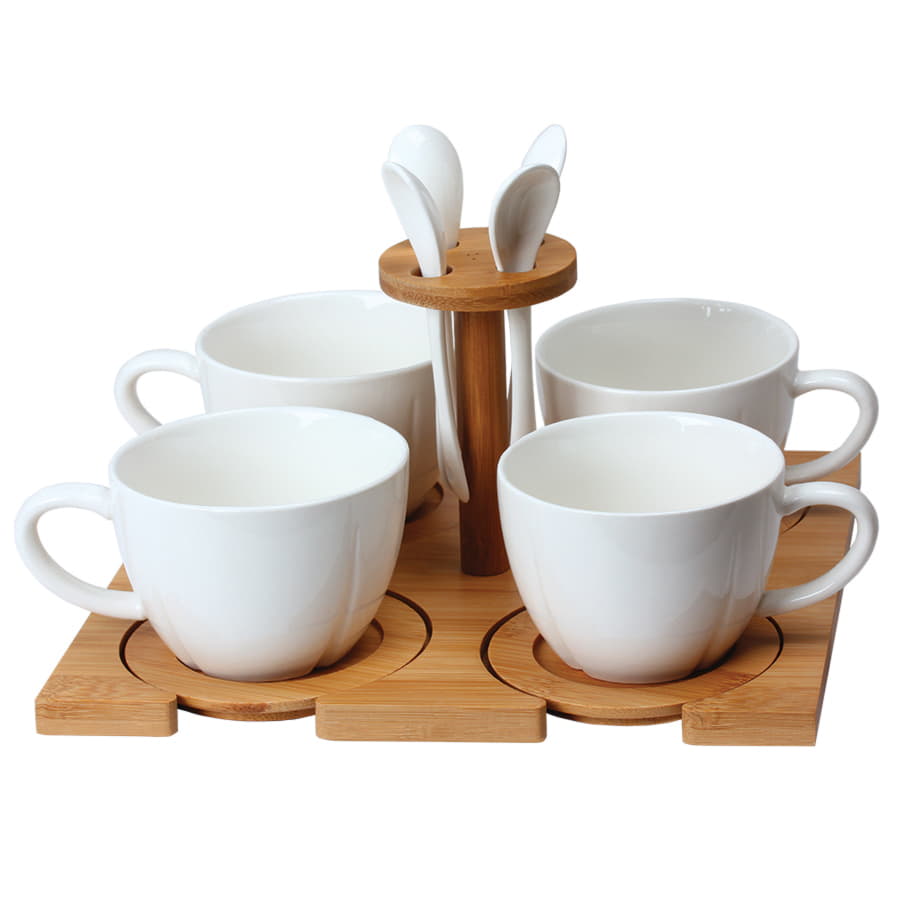 Чайная пара с ложкой (4шт) на подставке "Ксю" в упаковке, 200 мл, фарфор, коричневый, белый-1