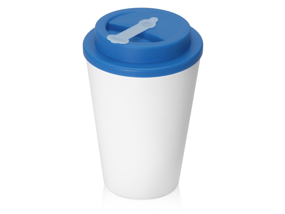 Пластиковый стакан Take away с двойными стенками и крышкой с силиконовым клапаном, 350 мл, белый/голубой-0