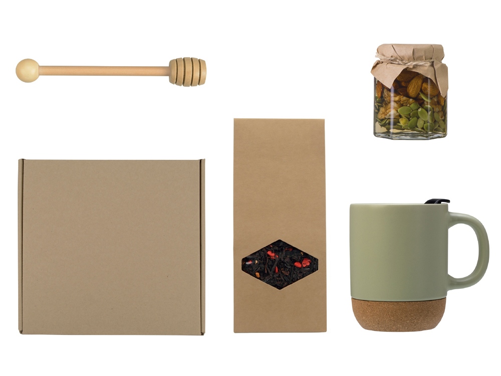 Подарочный набор с кружкой, медом и ложкой для меда, оливковый-0