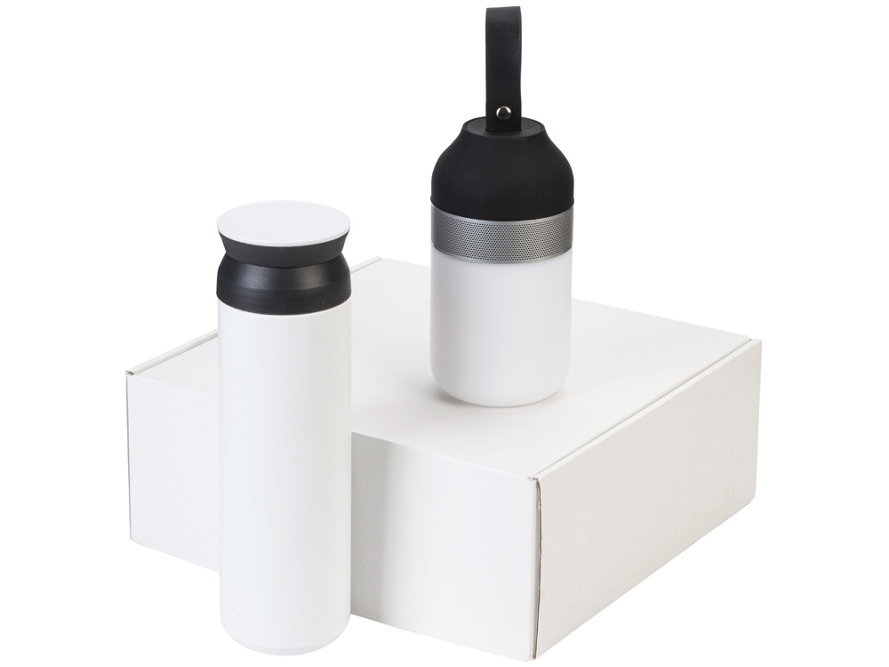 Подарочный набор с колонкой и термосом Black&White, белый/черный-0