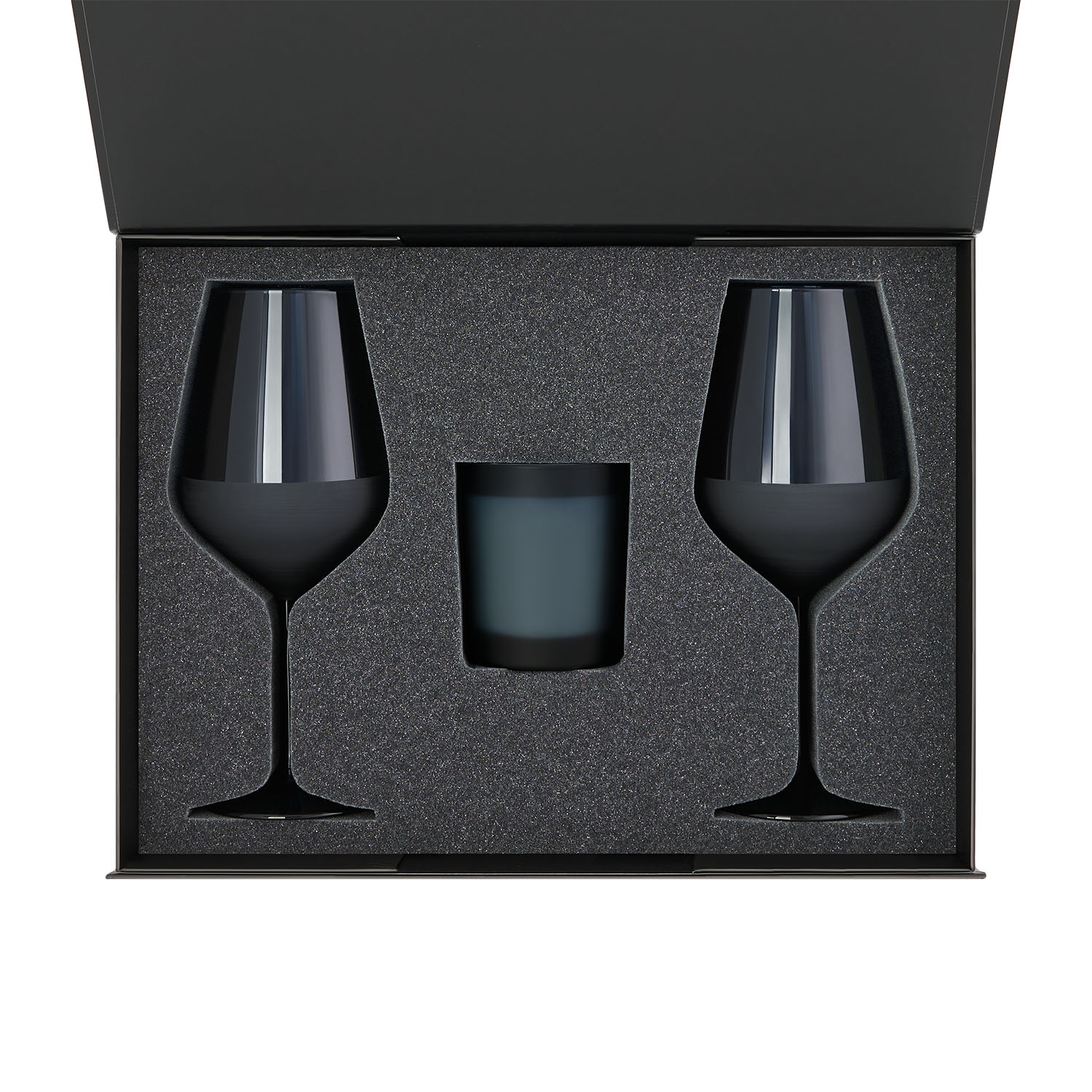 Подарочный набор свеча Enigma + 2 бокала для вина Sapphire в черной коробке-1