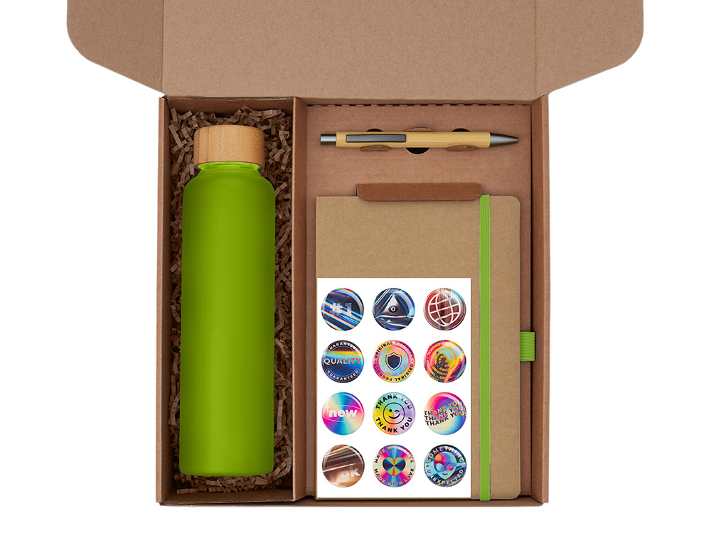 Подарочный набор с бутылкой для воды. блокнотом, ручкой и подставкой для телефона, зеленое яблоко-1