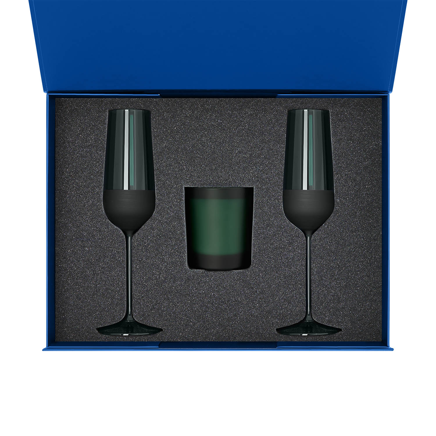 Подарочный набор свеча Enigma + 2 бокала для шампанского Emerald в синей коробке-1