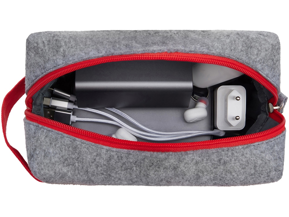 Органайзер для электроники и проводов Felt из RPET-фетра с ручкой, серый с красным-1