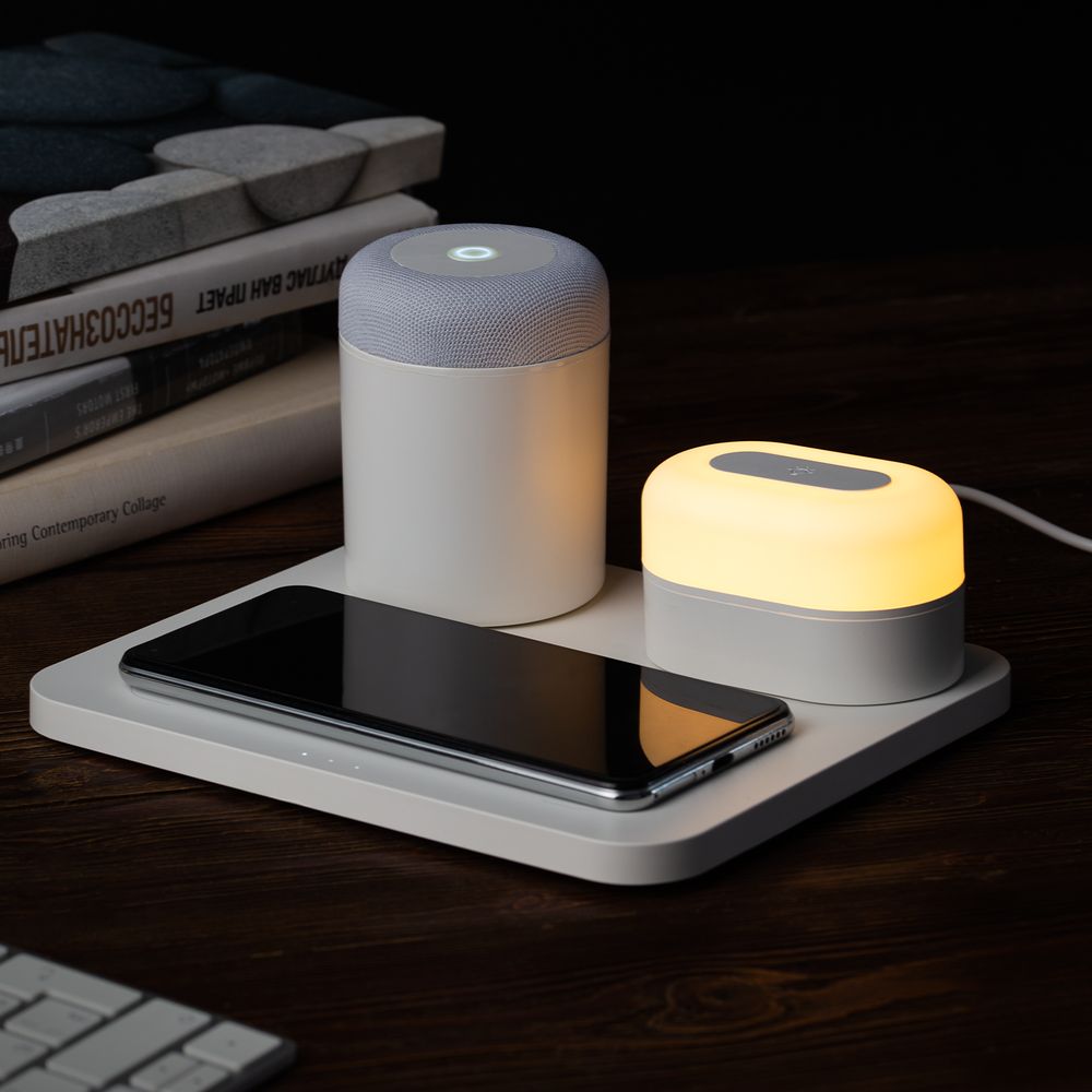 Станция беспроводной зарядки с колонкой и ночником Trilogy, белая-6