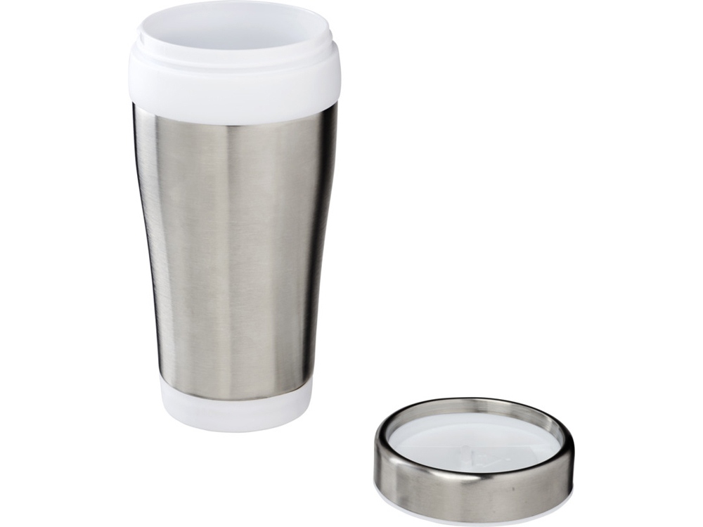 Термостакан Elwood из переработанной нержавеющей стали, 410 мл - Серебристый/Белый-3