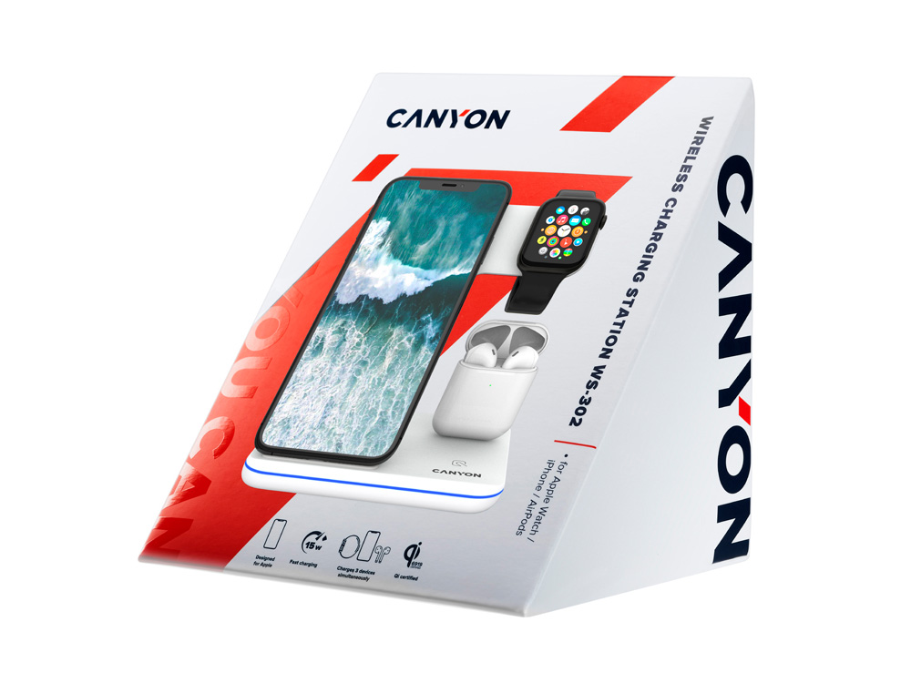 Беспроводное зарядное устройство для гаджетов 3-в-1 с технологией QI Canyon WS-302 (CNS-WCS302W), белый-5