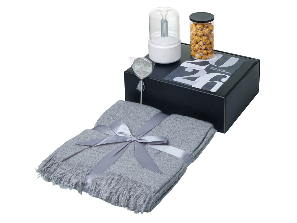 Подарочный набор с пледом, увлажнителем и попкорном, серый-1