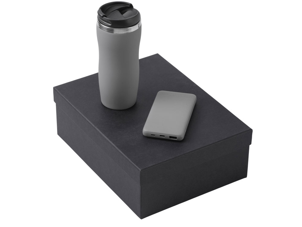 Подарочный набор c вакуумной термокружкой и повербанком С2, серый-0