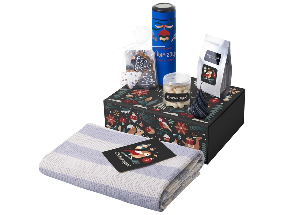 Подарочный набор c пледом, термосом, свечой и миндалем, синий-0