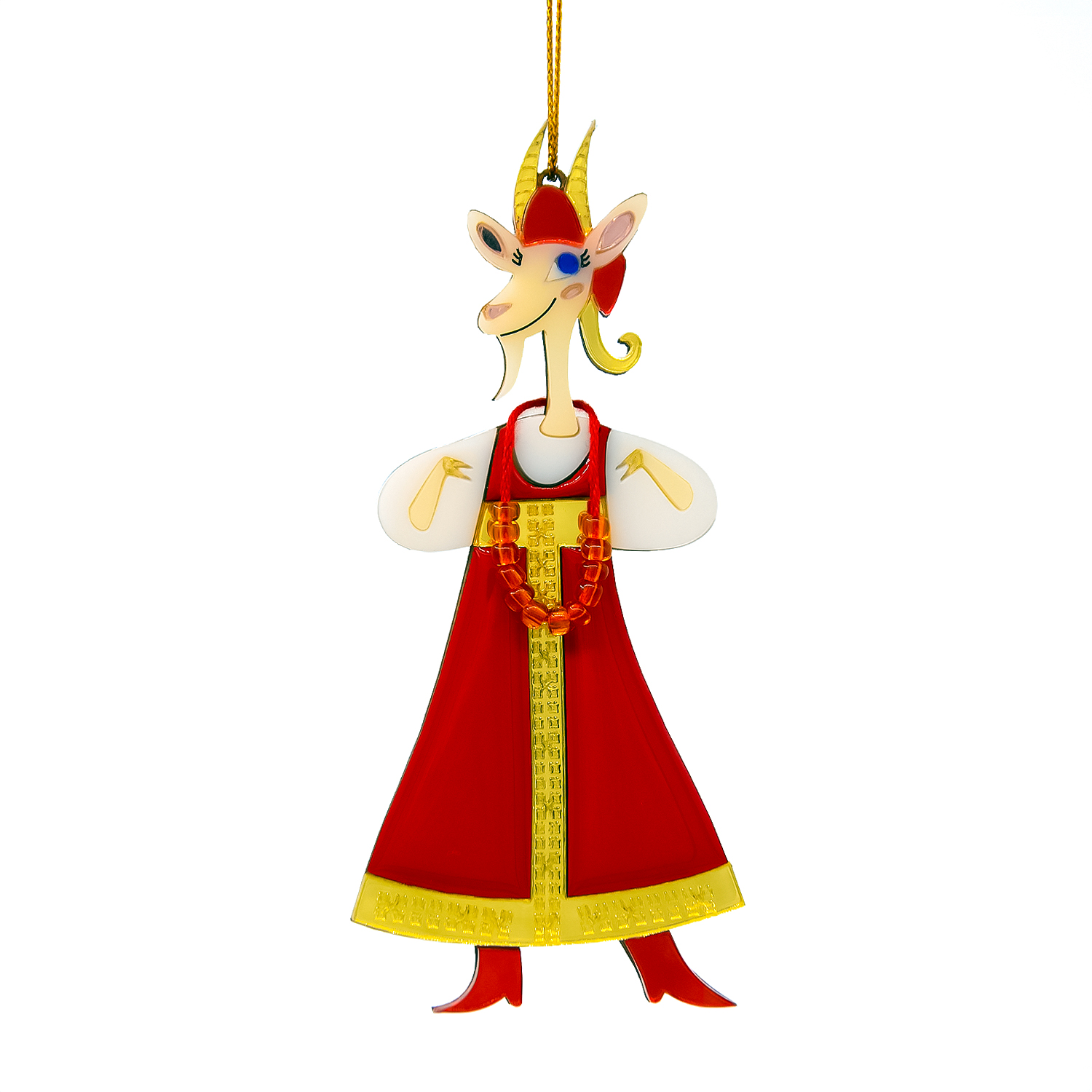 Ёлочная игрушка Коза в сарафане (красный с белым)-4