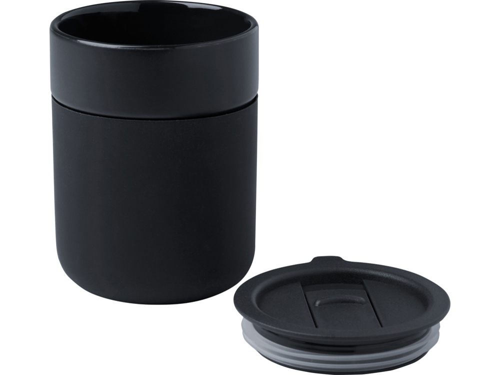 Java керамическая кружка емкостью 330 мл с силиконовой оберткой и пластиковой крышкой - сплошной черный-2