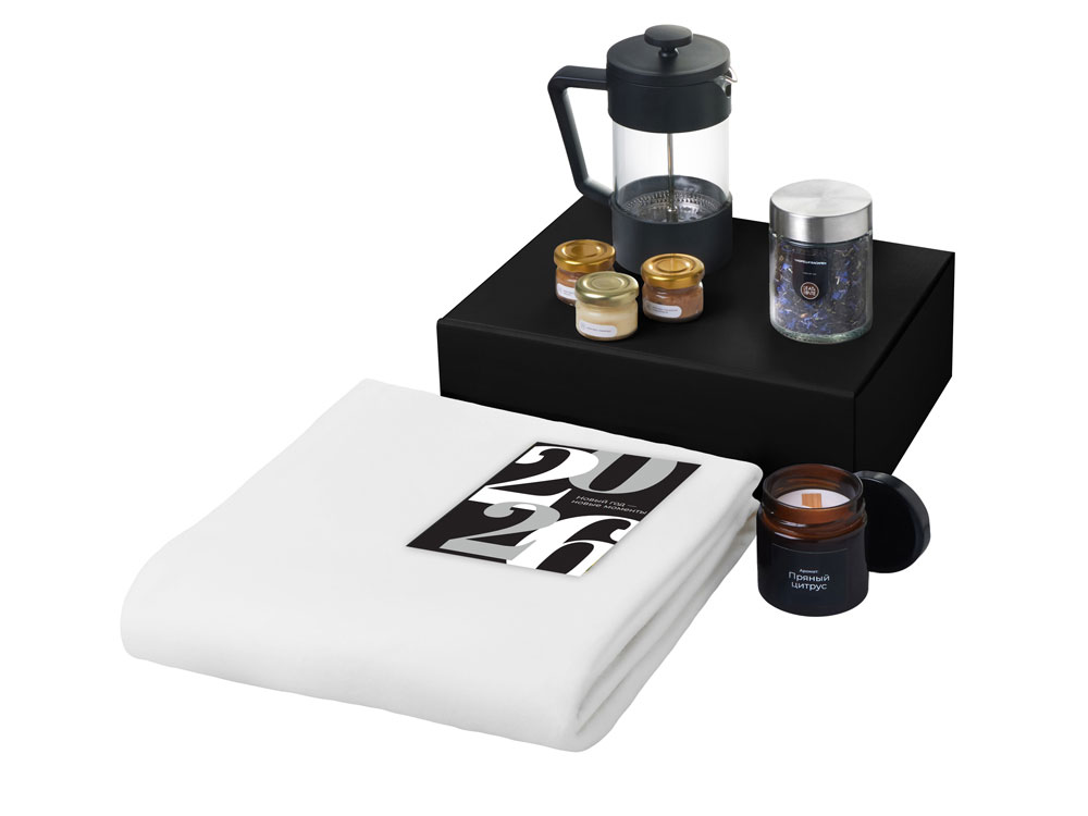 Подарочный набор c пледом, френчпрессом, чаем и медом, белый-0