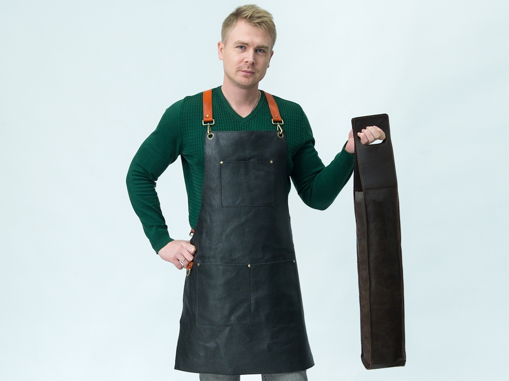 Набор: фартук из натуральной кожи в тубусе, черный с рыжими ремнями-1