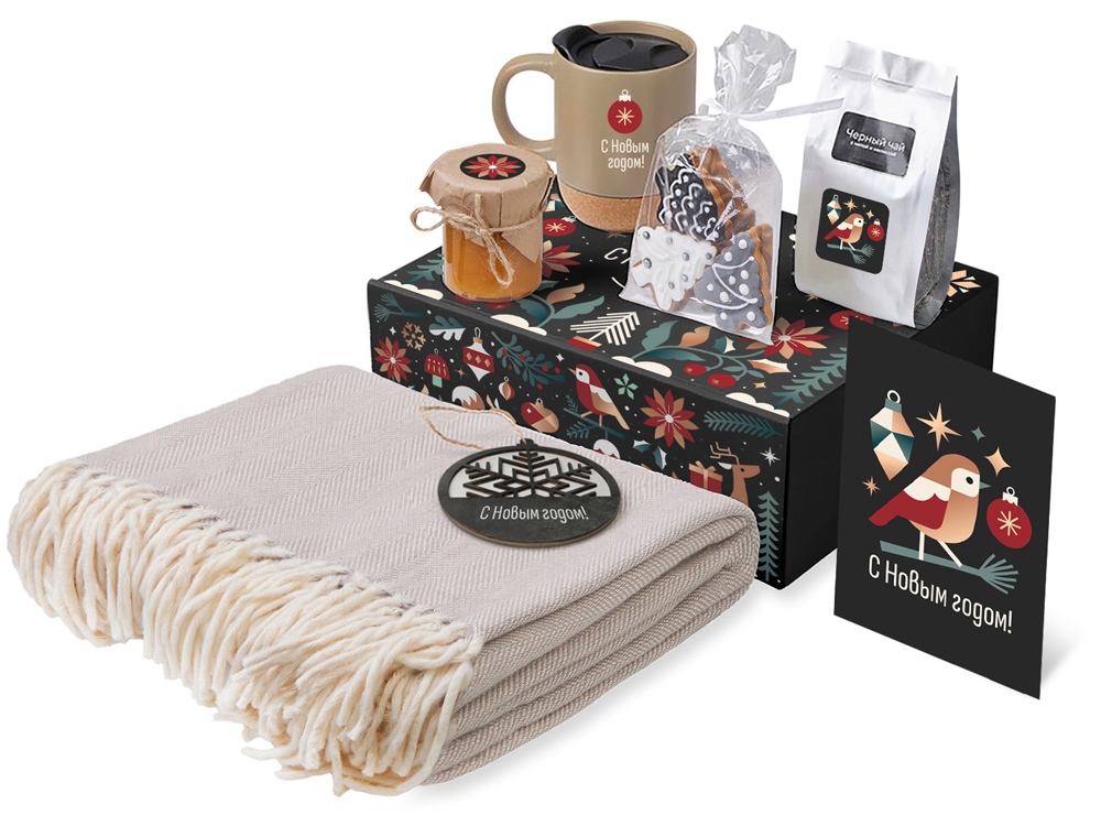 Подарочный набор c пледом, кружкой и вареньем, бежевый-0