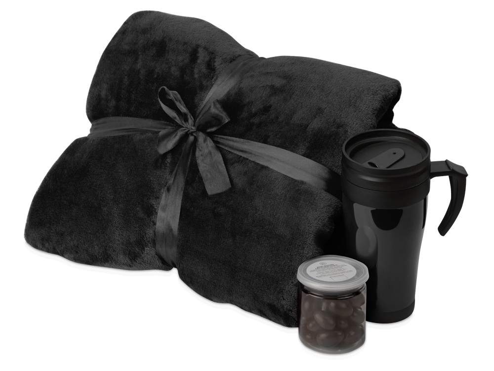 Подарочный набор с пледом, термокружкой и миндалем в шоколадной глазури Tasty hygge, черный-0