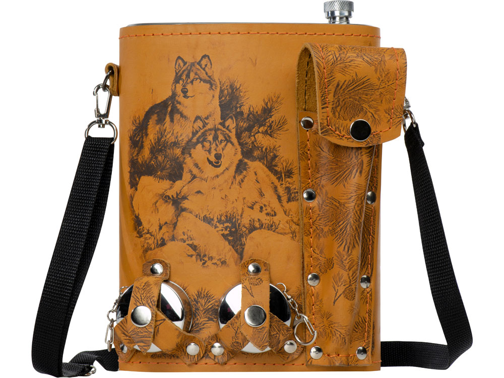 Набор Подарочный: фляга 511/2 (рыжая кожа), 2л+2 стаканчика+2 вилки-2