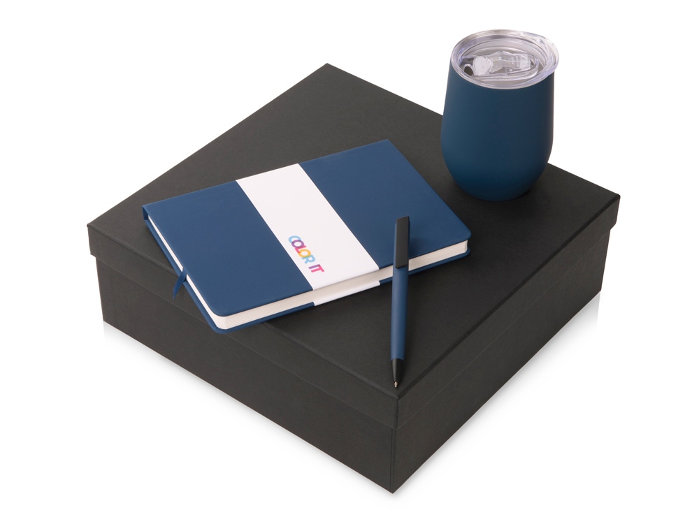 Подарочный набор c блокнотом C2, ручкой и термокружкой, темно-синий-0