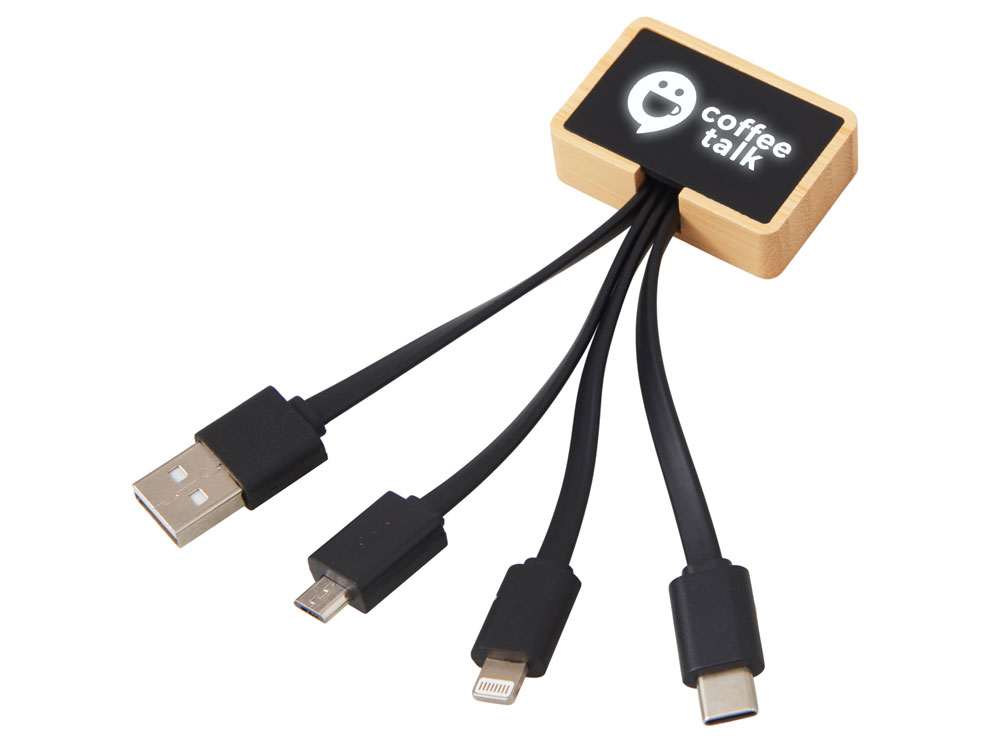 Кабель 3-в-1 с подсветкой лого Reedia S6, бамбук, черный-0