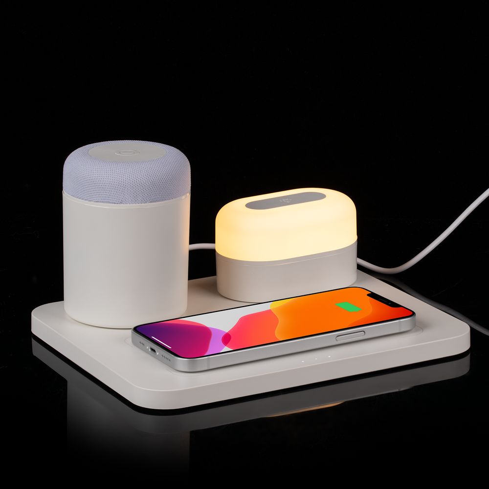 Станция беспроводной зарядки с колонкой и ночником Trilogy, белая-0