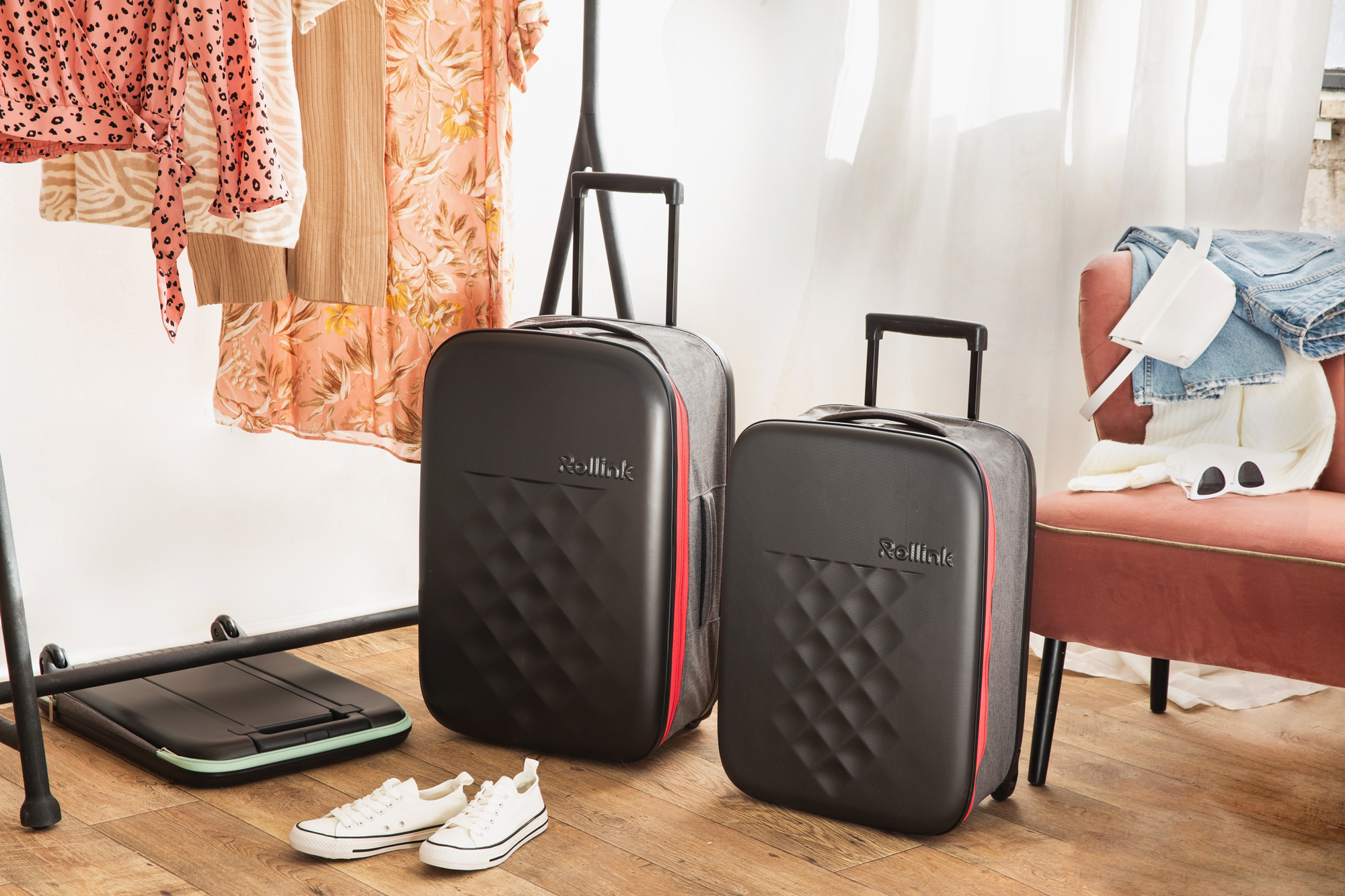 Чемодан складной Rollink Earth 55x40x20 см, 2 колеса, черный/красный-25