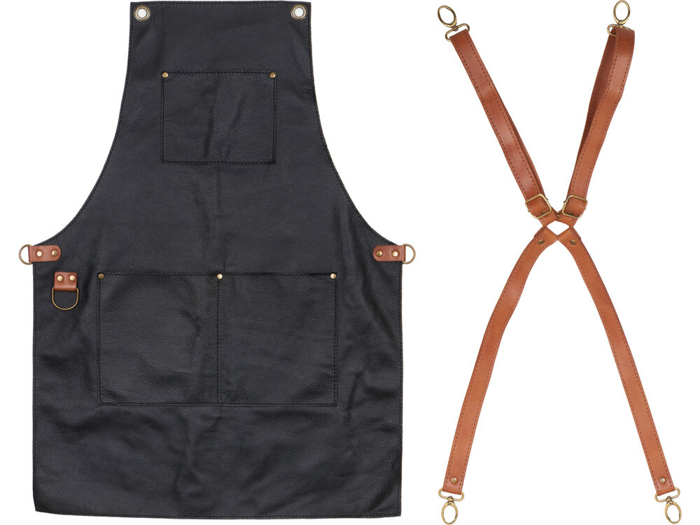Набор: фартук из натуральной кожи в тубусе, черный с рыжими ремнями-2