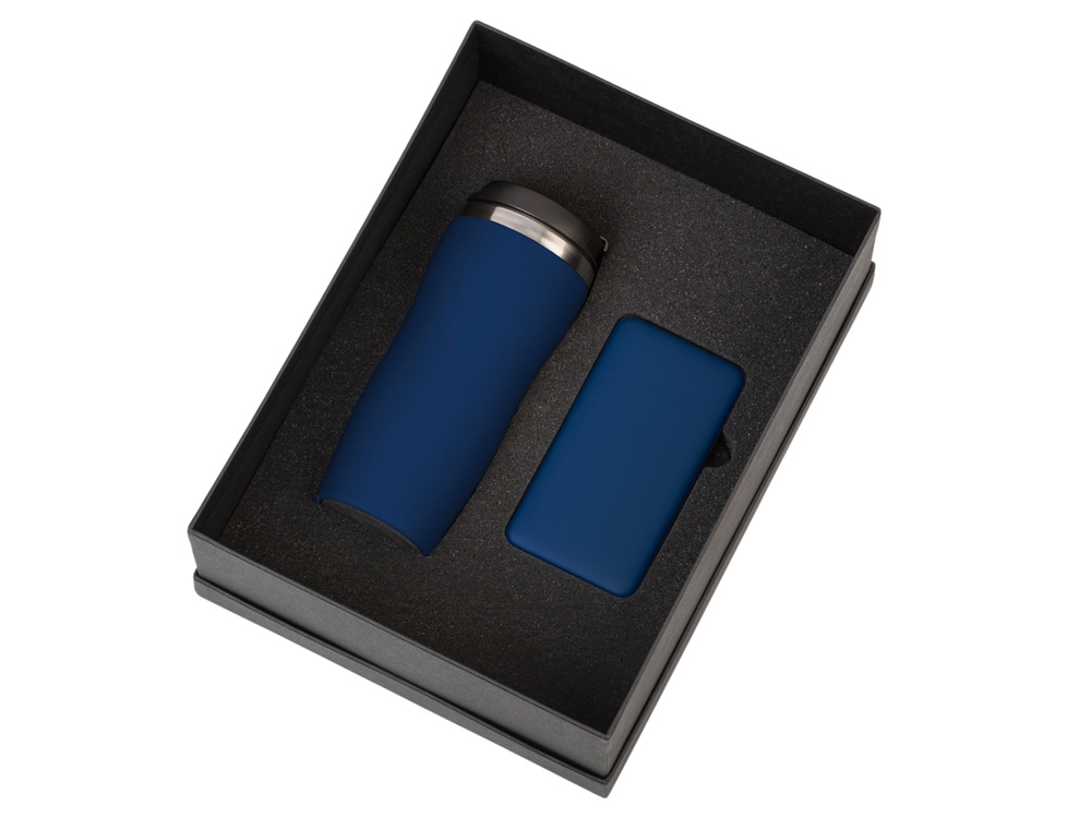 Подарочный набор c вакуумной термокружкой и повербанком С1, темно-синий-1