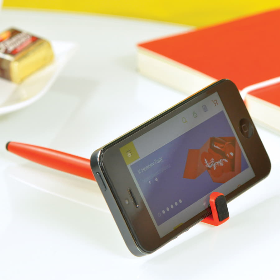 Ручка шариковая N3 со стилусом и подставкой для смартфона, ярко-красный-3