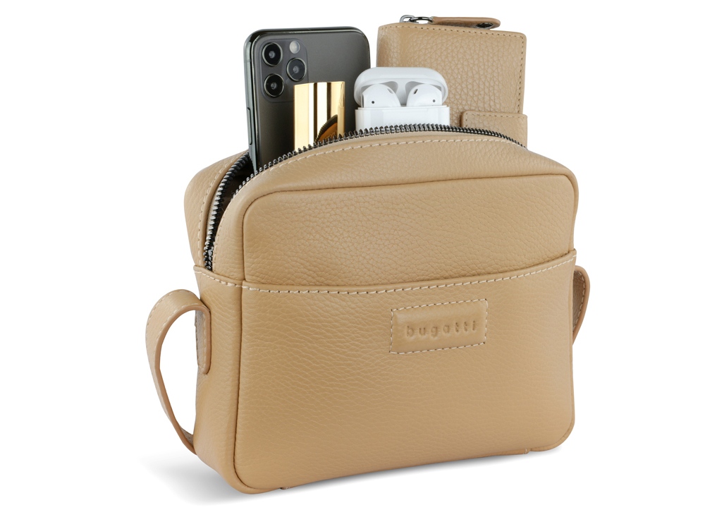 Сумка кросс-боди женская BUGATTI Elsa, песочного цвета, воловья кожа/полиэстер, 19х5,5х14 см-9