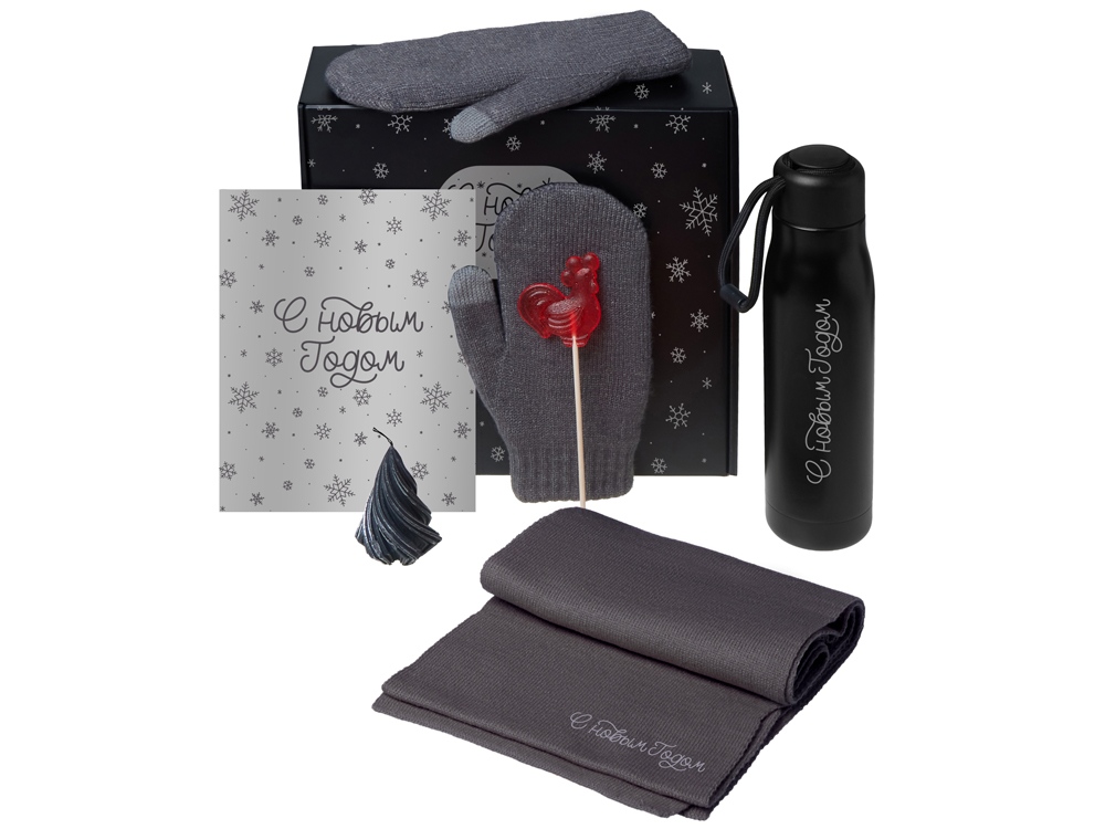Подарочный набор с варежками, шарфом и термосом, серый-0