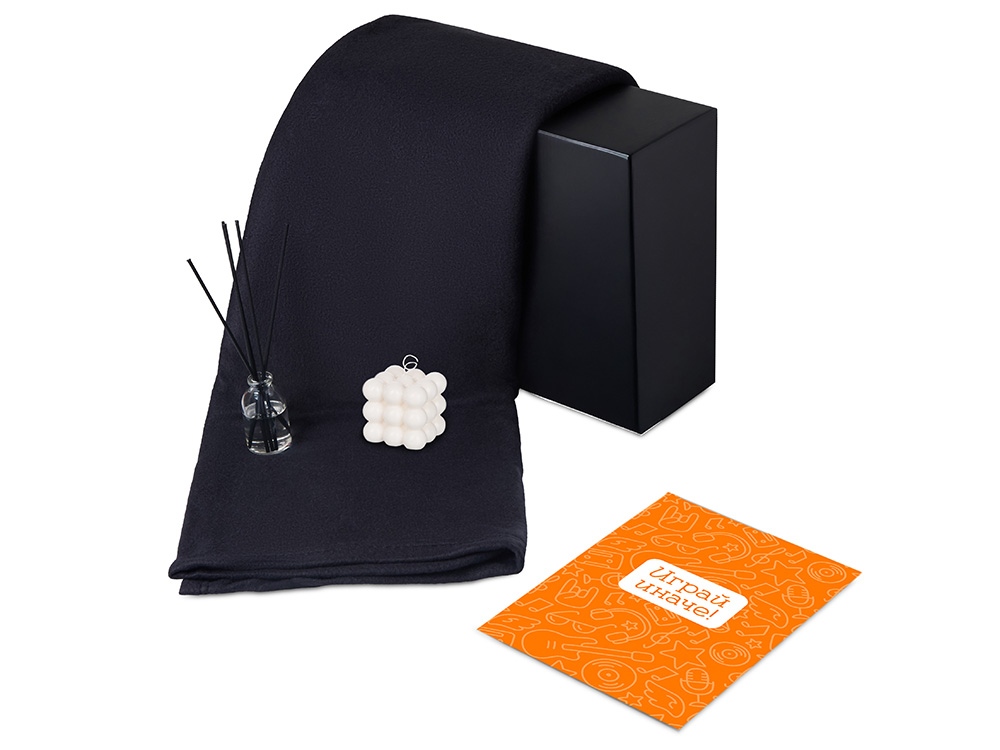 Подарочный набор с пледом, свечой и диффузором, черный-1