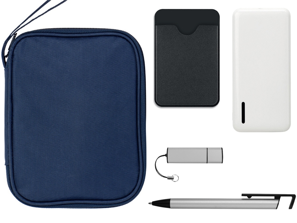 Подарочный набор с флешкой, повербанком и ручкой, темно-синий/серебристый-0