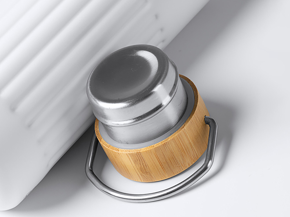 Термобутылка Нобук из переработанной нержавеющей стали, с бамбуковой крышкой, белый-2