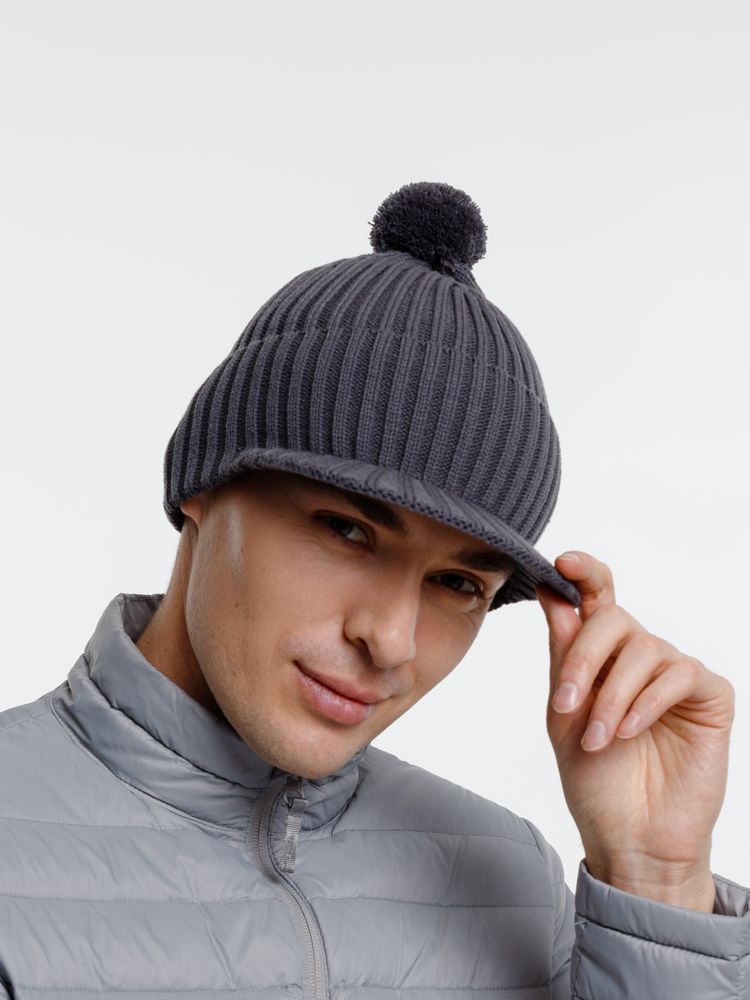 Вязаная шапка с козырьком Peaky, серая (антрацит)-3