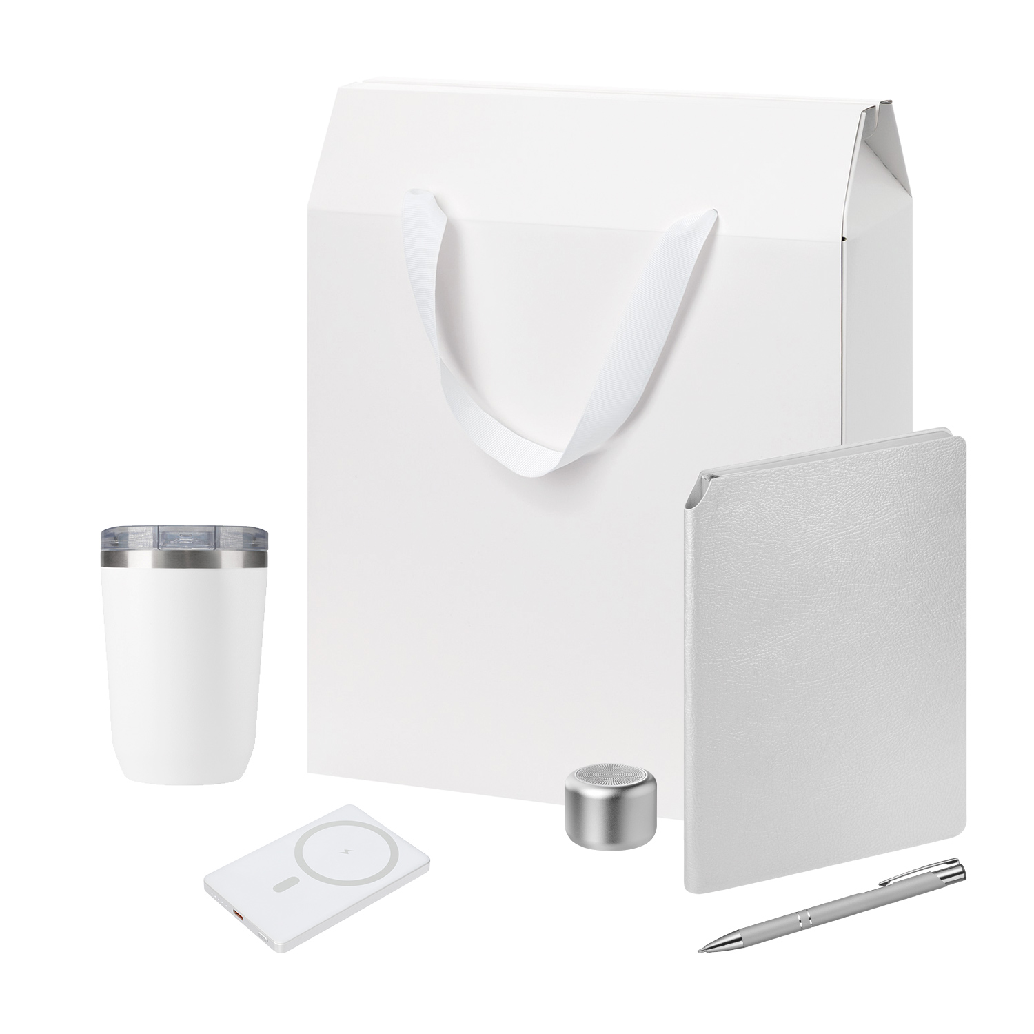 Подарочный набор Велком Пак Премиум (Welcome Pack Premium), серебряный (термокружка, колонка, ежедневник, ручка, ЗУ, коробка-пакет)-0