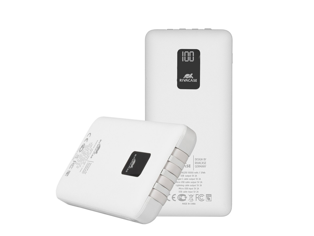 RIVACASE VA2210 (10000 мАч) внешний аккумулятор с дисплеем и встроенными кабелями, белый, 12/48-8