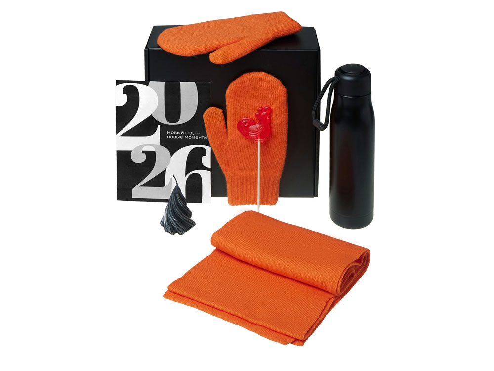 Подарочный набор с варежками, шарфом и термосом, оранжевый-1
