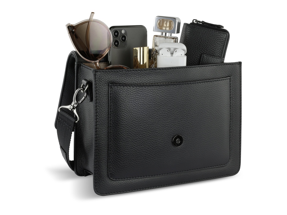 Сумка через плечо женская BUGATTI ЭЛЬЗА | ELSA, чёрная, воловья кожа/полиэстер, 25х8,5х20 см-9