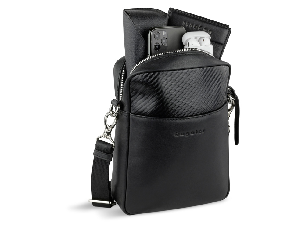 Сумка наплечная мужская BUGATTI Comet, чёрная, воловья кожа/полиэстер, 17х4,7х21 см-5