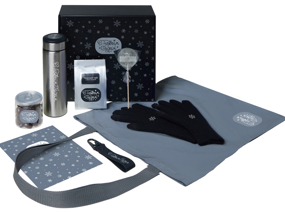 Подарочный набор с перчатками, термосом и чаем, черный-0