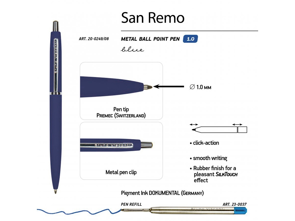 Ручка металлическая шариковая San Remo, 1,0мм, синие чернила, ярко-синий-2