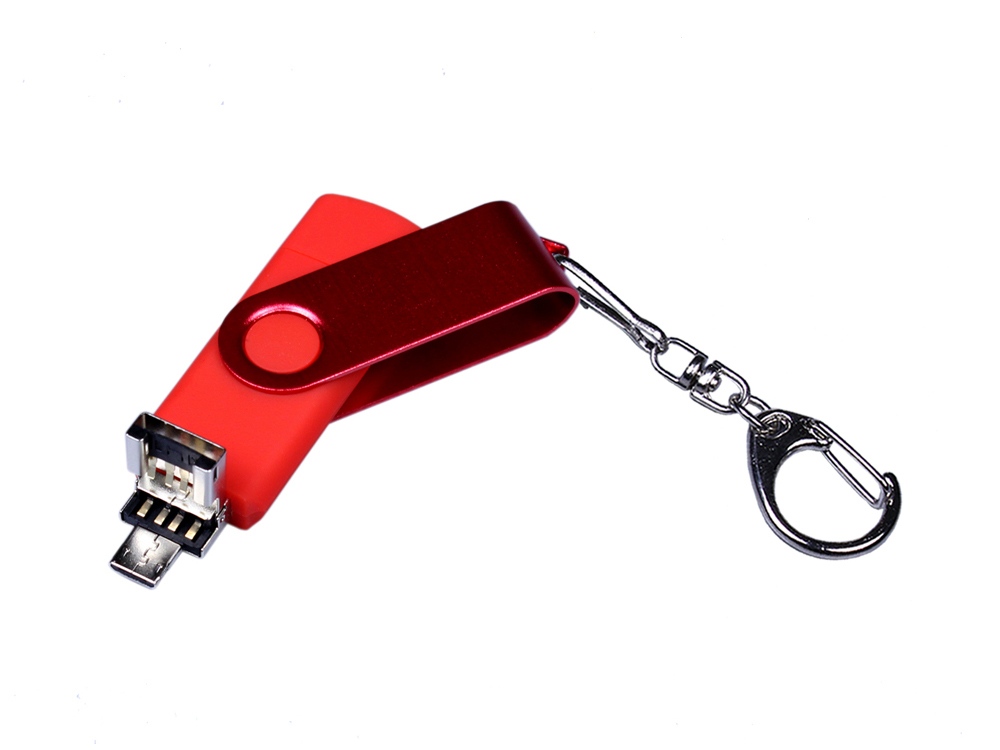 USB-флешка на 32 Гб 3 в 1 поворотный механизм, c двумя дополнительными разъемами MicroUSB и TypeC C с одноцветным металлическим клипом, красный-2