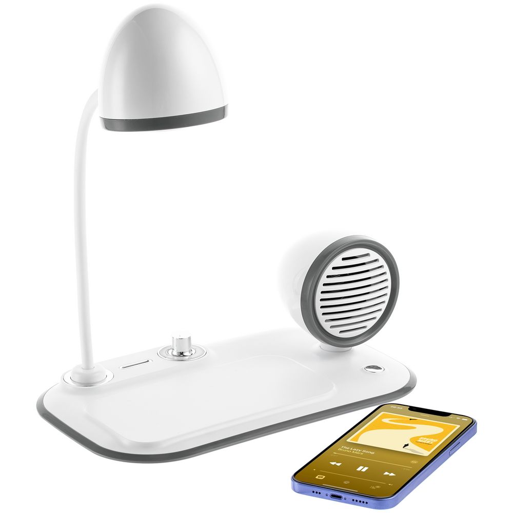 Лампа с колонкой и беспроводной зарядкой Flashback, белая-3