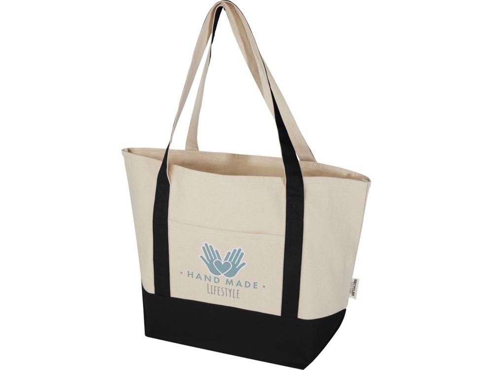 Sam эко- сумка из переработанного хлопка, сертифицированного согласно GRS, плотностью 320 г/м² - сплошной черный / Натуральный-6