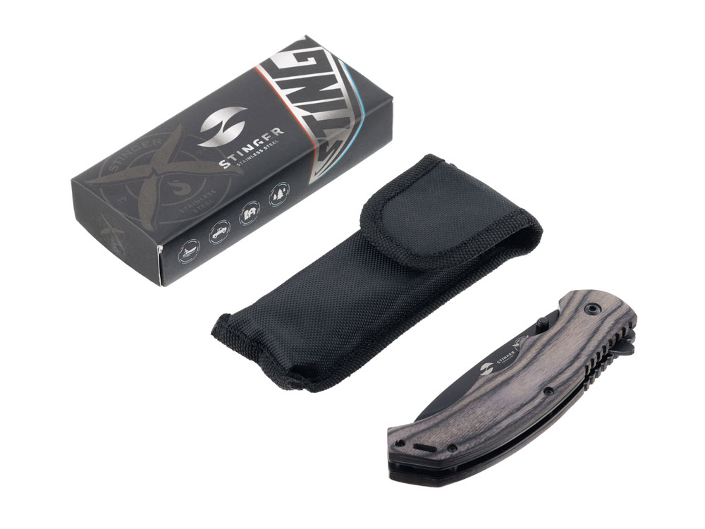 Нож складной Stinger, 120 мм, (чёрный), материал рукояти: дерево/сталь (серый), в картонной коробке-4