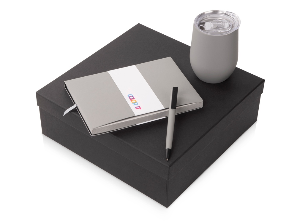 Подарочный набор c блокнотом C1, ручкой и термокружкой, серый-0
