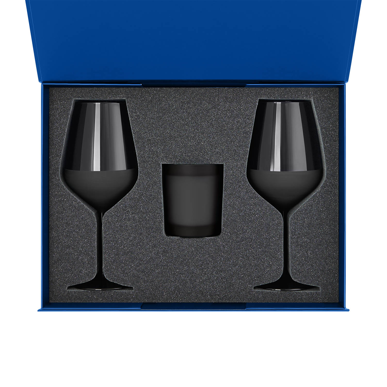 Подарочный набор свеча Enigma + 2 бокала для вина Black Edition в синей коробке-1